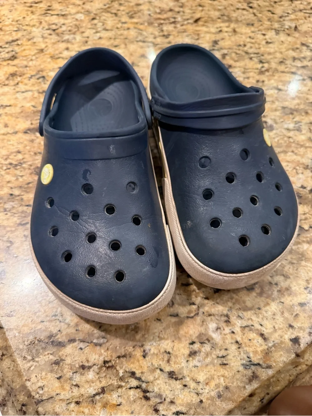 Kids Navy Blue Croc Shoes with Beige Trim